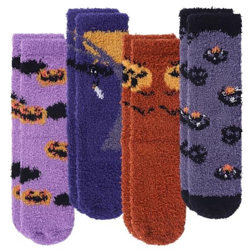 Fohuanky 4 Paar Damen Halloween Flauschige Socken Kuschelig Flauschig Hausschuh Socken mit Kürbis Gespenst Hexe Designs (DE/NL/SE/PL Alphanumerisch Einheitsgröße Regular Regular Farbe 3)
