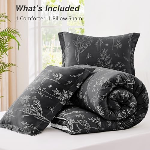 Love's cabin Black Twin Comforter Set - Twin XL Size Comforter Set Dorm Bedding, 2 Pieces Cute Floral Bedding, Soft Reversible Flowers Comforter, 1 Comforter & 1 Pillow Sham by Love's cabin - Used condition - Image 8