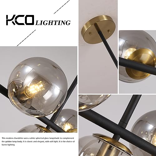 Image of KCO 7-Light Mid Century Modern Black Brass Gold Linear Sputnik Chandelier | E26 Bulb Included, 5.9 inch Canopy, Adjustable Height, 5.9 inch Smoke Glass Globe Pendant Light for Sloped Ceiling Dining Room Table