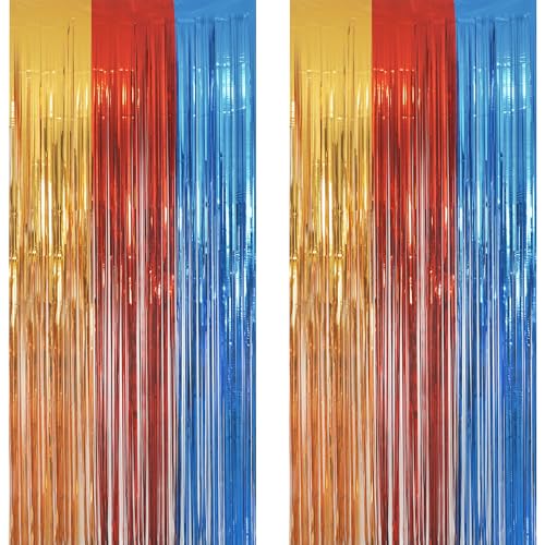 Image of Gold Red Blue Party Backdrop - GREATRIL Tinsel Fringe Curtain for Paw Birthdays Decorations 2 Packs