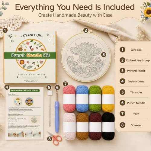 Image of CYANFOUR Punch Needle Kit for Beginners, Highland Cow Punch Needle Kits | Craft Kits for Adults with 2 Pre-Printed Fabrics, Embroidery Hoop, Threads, DIY Gift and Home Decor 20 * 20cm