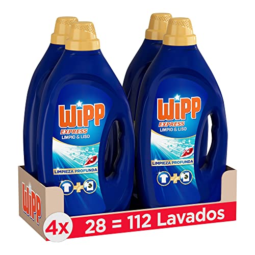 Wipp Express Detergente Líquido Limpio y Liso para lavadora, 28 Lavados - Pack de 4, Total: 112 Lavados