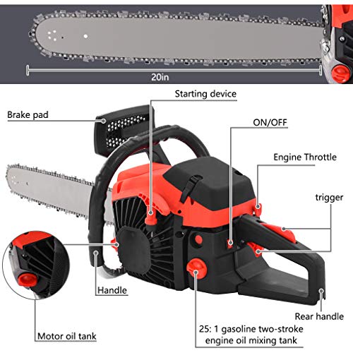 Gasoline Chainsaw 20 Inch Gas Chain 2 Strokes Automatic Chain Oiler Anti-vibration System Wood Cutting 58CC Petrol Chainsaw with Tool Kit Carry Bag for Cutting Trees Farm Garden