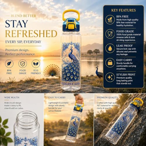 Image of Elegant Aura Peacock Printed Water Bottle 1 Litre with Straw & Gulp Drinking