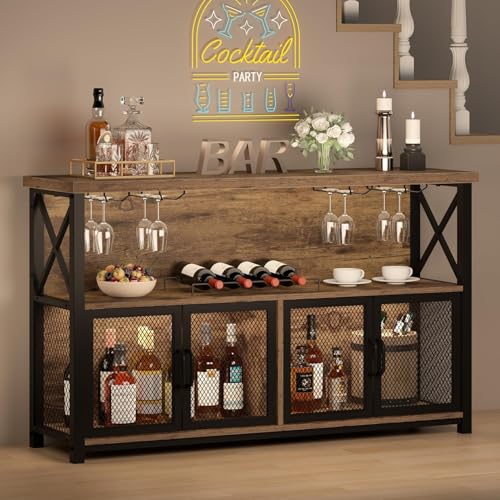 Image of Klaxon Wooden Bar Cabinet for Home | Large Bar Unit for Living Room with Wine Rack, Hanging Glass Holders & Mesh Door Storage | Rustic Bar Table for Home & Bar Counter for Home (Nysa)