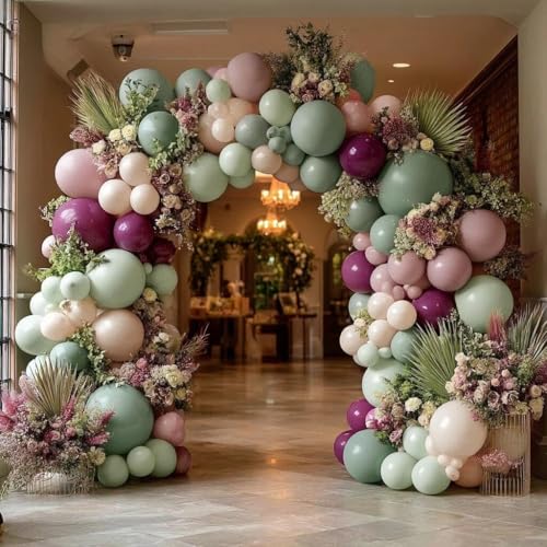 Image of Sage Green Plum Balloon Garland Kit - Double Stuffed Dusty Pink Mauve Sand Balloon Arch for Baby Shower Birthday Bachelorette Bridal Shower Wedding Party Decorations
