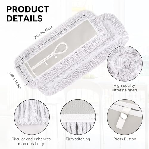 Image of 24 Inch Dust Mop Head: Replacement Medium Washable Commercial Mop Head Sweeper and Janitorial Replacement with Botton (White - 24 Inch, 3 Pack, Botton)