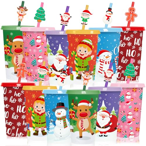 Jansun 12pcs Christmas Cups with Lids and Straws 12Oz Reusable Plastic Cups for Party Decorations Winter Christmas for Holiday Birthday Party Favors Supplies