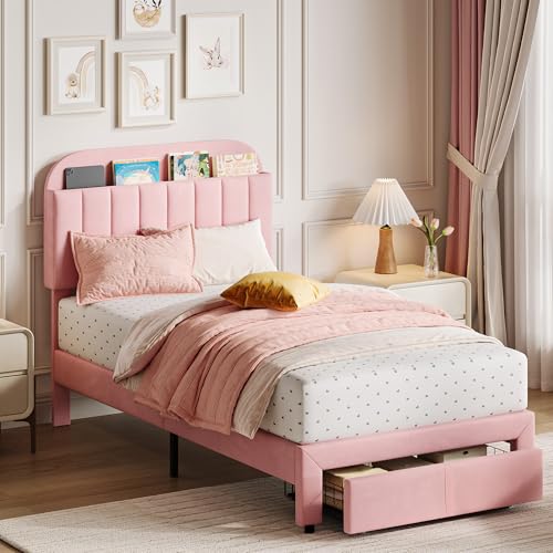GarveeHome Twin Bed Frame with Drawer, Girls Bed, Velvet Upholstered Platform BedFrame with Storage Headboard for Kids, No Box Spring Needed, Easy Assembly, Noise-Free, Light Pink