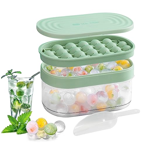 Round Ice Cube Trays,Ice Tray For Freezer With Lid & Bin,Silicone Sphere Ice Cubes Mold Bpa Free,Easy Release Ice Ball Maker Mold With Cover,Container,Scoop For Chilled Drink,Cocktail,Coffee&Whiskey #TOP9
