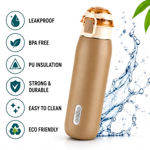 Image of CELLO Puro Steel-X Flint 900 Insulated Water Bottle 650 ml, Light Brown | Easy Press Open Flip Top, Easy to Carry with Handle Leak Proof Inner Steel Water Bottle for School Kids, Office Gym Travel