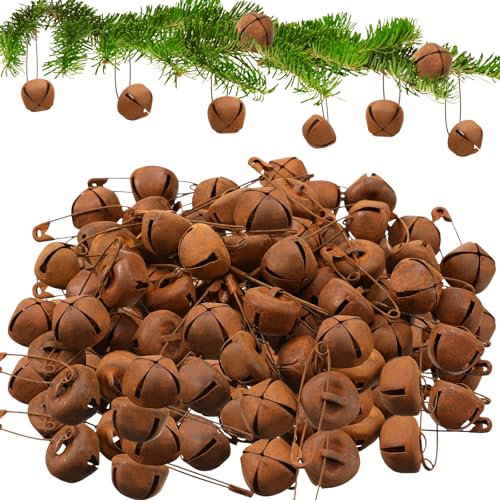 Knitgrip 100 Pcs Rusted Metal Jingle Bells and Rusty Safety Pins Rustic Safety Pins Vintage Rusted Metal Ornament for Christmas Holiday DIY Home Crafts Decoration