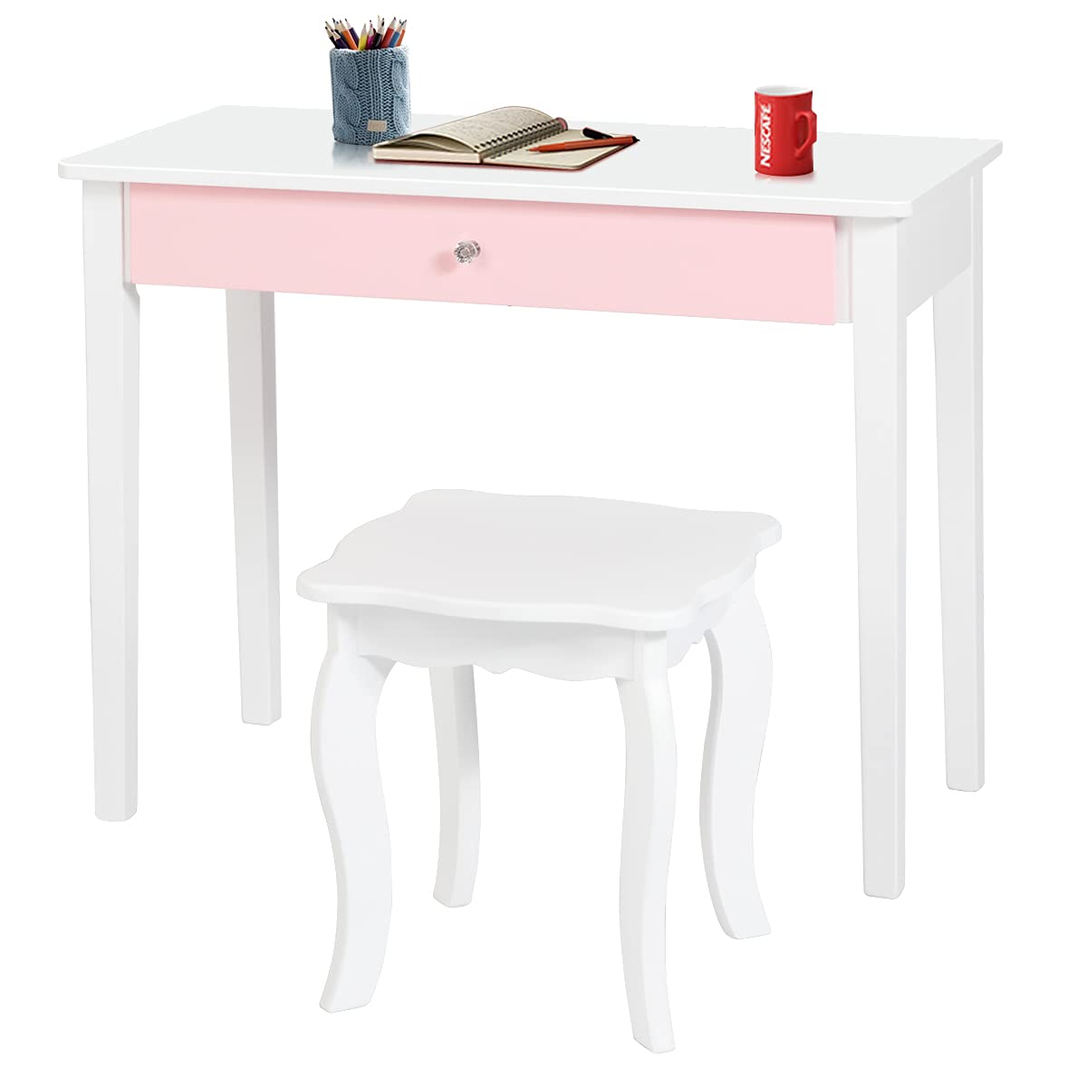 RELAX4LIFE Set Toeletta in Legno con Sgabello, Tavolo da Trucco con Cassetto con 3 Specchi per Bambini, Kit Toeletta da Trucco con Sedia per Bambine, Giocattolo da Trucco per Bambini (Bianca)