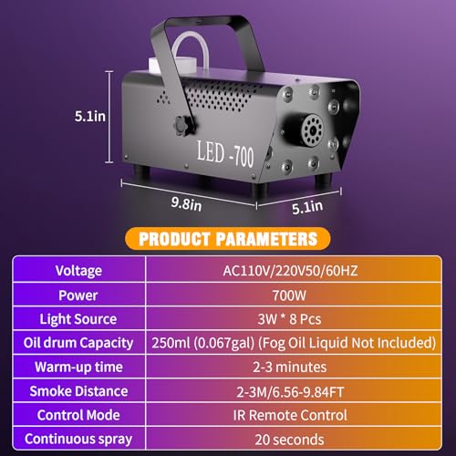 Image of 700W Smoke Machine, Fog Machine with 14 Colorful LED Lighting Effect, Wireless Remote Controlled Fogger Machine, Perfect for Wedding, Halloween, Party, Evemts, 2 PACK