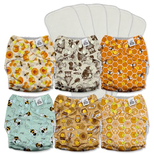 Image of Mama Koala 3.0 Cloth Diapers for Babies with AWJ Lining, 6 Pack with 6 5-Layer Natural Cloth Diaper Inserts - Reusable and Washable Pocket Diapers(A-Hardworking Bees)