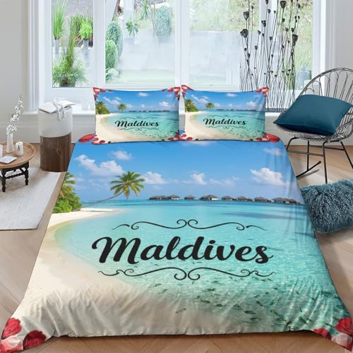 Island Vacation Funda de Edredón de poliéster Juego de 3 Piezas Diseño 3D con Cremallera Island Vacation Funda Edredon incluye Fundas de Almohada Lavables Transpirable for familia （140x200cm）