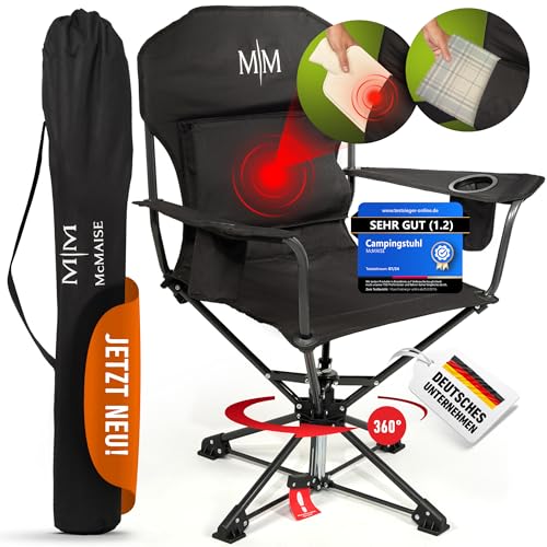 McMAISE® Campingstuhl faltbar schwarz bis 150 kg mit Rückentasche für Kissen oder Wärmflasche, 360° drehbar
