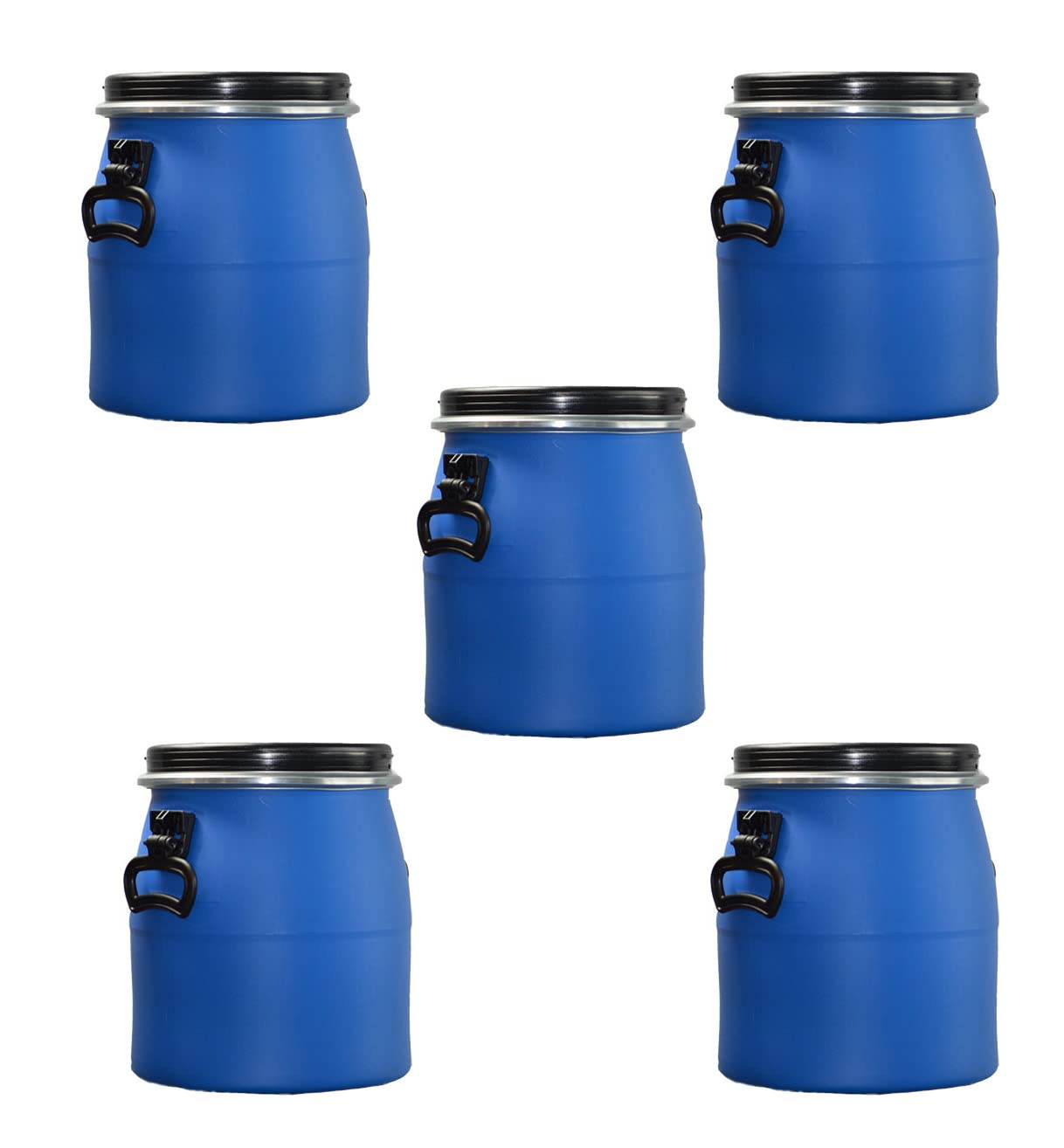 ITP Packaging 5 x 20 Litre Plastic Blue Open Top Storage Barrel Drum Keg Food/Pet Food Storage Container with Lid and Latch Ring, UN Approved, Food Grade for Shipping, Air Tight