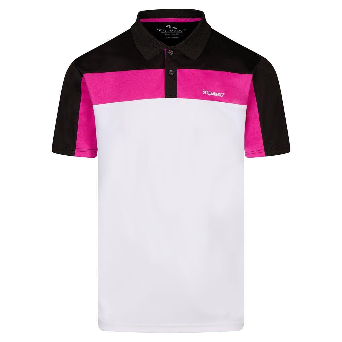 Stromberg Men's White/Pink/Black ’S Drift Colour Block Golf Polo Shirt – – Size Xl – Performance Stretch, Moisture‑Wicking, Upf 50+