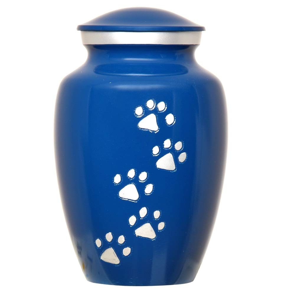 Simcs Handicrafts Pet Cremation Urns for Dogs and Cat Ashes Large 8" Inch Size Paw Engraved Secure Threaded Lid Funeral Urns 115 Cubic Inch of Ashes Enamel Blue Finish