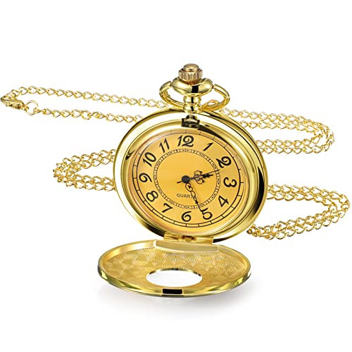 HJtRTDF Reloj de Bolsillo， Reloj de Bolsillo Liso con Cadena y números Romanos, Reloj Antiguo for Hombres, Mujeres, papá, cumpleaños, Aniversario, día(Gold)