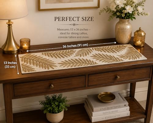Image of Handmade Beaded Table Runner with Gold Leaf Design on White Beads, 13x36 Inches - Exquisite Dining Table Decoration, Elegant Home Decor for Thanksgiving & Special Celebrations
