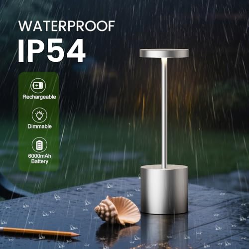 SAKRINGT Outdoor Table Lamp,LED Table Light,Cordless Table Lamp Rechargeable,5000mAh Battery Powered Dimming Desk Lamp for Restaurant/Patio/Outdoor(Silver)