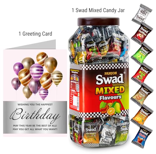 Image of Swad Happy Birthday Friend Gift with Card (Swad Mixed Flavours Candy 200 Jar & 1 Greeting card) 2 units