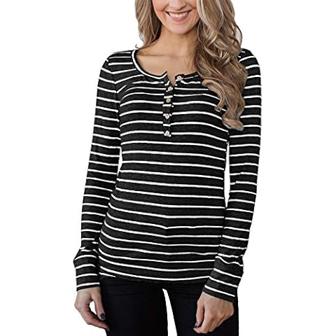 Womens Fall Casual Fashion Top Button Up Cotton Long Sleeves Ribbed Henley Shirts Black Stripe S Cover