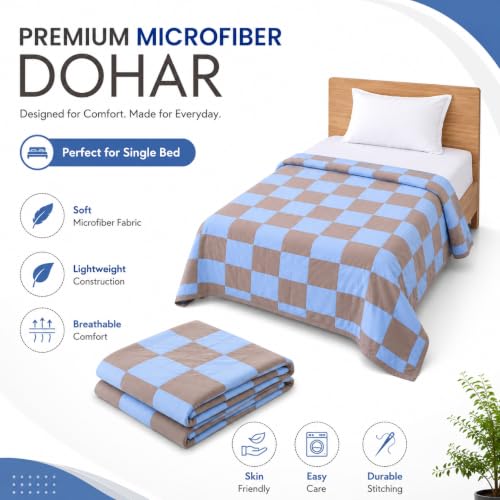Image of Single Bed Dohar Earthy Blue Checkered | Lightweight Summer Quilt | Soft Microfiber AC Blanket | Breathable All Season Comforter | Skin Friendly Bed Cover