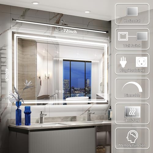 Image of 72x40 Inch Led Mirror for Bathroom with Front Light and Backlit, Bathroom Mirror with Led Lights, Vanity Mirror with Lights for Wall, Anti-Fog, Dimmable, Memory Function, Tempered Glass