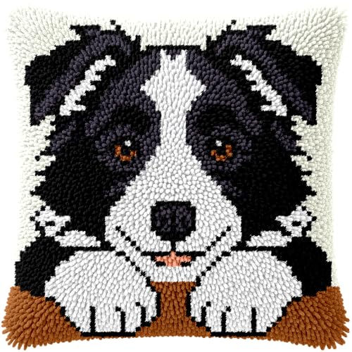 Image of veirousa Border Collie Latch Hook Pillow Kits for Adults Beginners | Pre-printed Cute Puppy Latch Hook Rug Set, Easy Cushion DIY Craft Gift for Pet Lovers & Home Decor