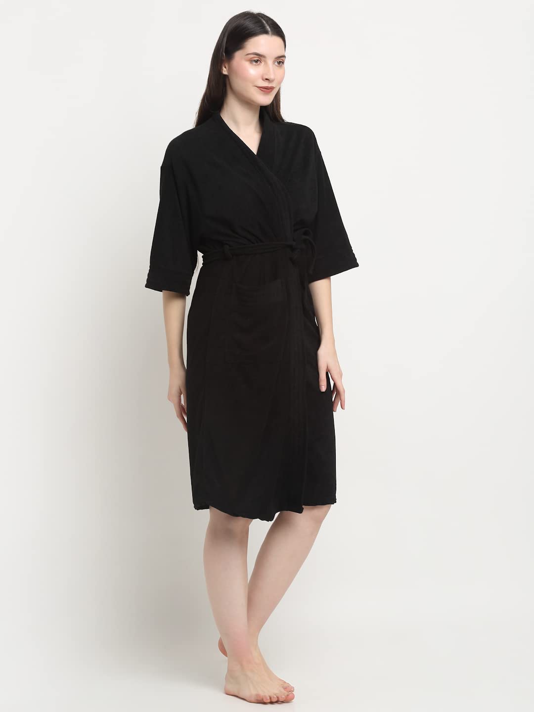 CREEVA Everyday Unisex Micro Terry Bathrobe Collection With kimono collar and 1 Pocket, 3/4 Sleeve Bath Robe Super Soft Light Weight - Black - Image 2 thumbnail
