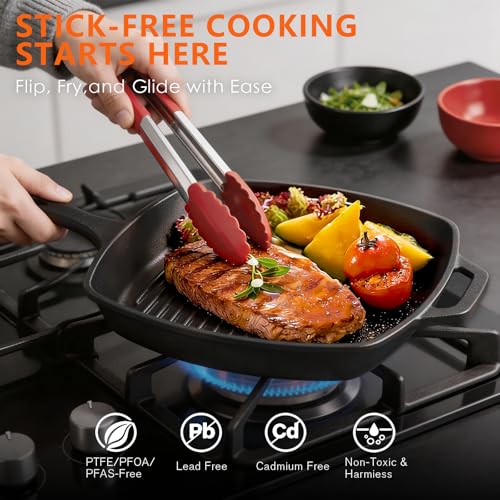 Image of 6 Piece Pre-Seasoned Cast Iron Cookware Set - Incl. 5QT Dutch Oven with Lid, 8'' and 10.25'' Cast Iron Skillets, 10.5'' Round Griddle, and a Square Grill Pan for Kitchen, Stovetop, & Camping