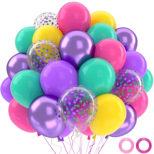 Globos De Cumpleaños Coloridos, 52 Piezas Globo Morado Rosa Azul Amarillo, Confeti Morado Metálico, Globos Látex Colores, Globo Rosas Niñas Mujeres, Decoración Bodas Fiestas