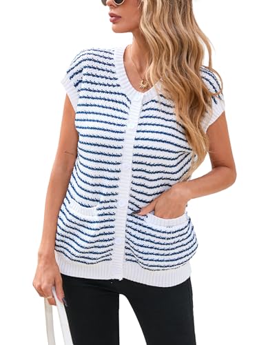 Image of Famulily Womens Cap Sleeve Button Down Sweater Knit Top Summer Cute Striped Cardigan Sweaters with Patch Pockets