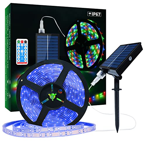 Lumtang Ruban LED Solaire Extérieur, 5m 280 LEDs Bande LED IP67 Étanche, Lumières LED Bleue avec Télécommande, 8 Modes d'Eclairage 2835 SMD Guirlande Lumineuse pour Arbres de Jardin Noël