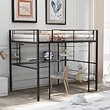 Polibi Full Size Metal Loft Bed with Shelves and Under-Bed Long Desk for Teens Adults (Black)