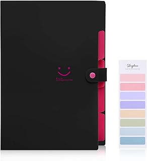 SKYDUE Fächermappe, Dokumententasche A4 Mit Bunten Labeln, Erweiterbar Ordner Mappen Ordnersystem Mit Druckknopf, Dokumentenmappe Für Büro Hause Schulalltag (Schwarz Rot, 5 Tasche)