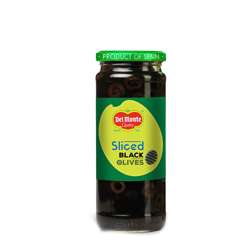 Del Monte Black Sliced Olives 235g l Select Quality Olives Imported from Spain | Italian cuisine ingredient | Low Fat Ready-to-Eat Healthy Snack l 100% Natural and Evenly Cut | Suitable for Pizza, Pasta Topping, Garnishing Salad, Wraps | Source of Fibre, Gluten Free, No Added Preservatives