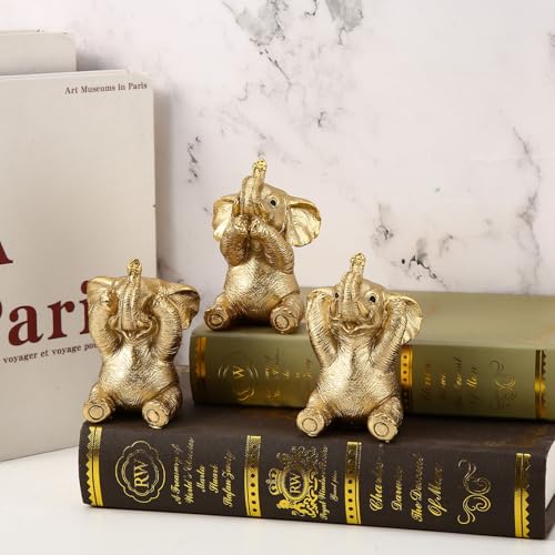 Set de Tres Figuras Decorativas de Elefantes de Resina Dorada miniatura 6