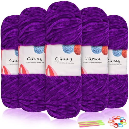 Coopay Laine Chenille Veloutée, 500g (5 x 100g), Pelote de Laine à Tricoter Douce, Épaisseur de...