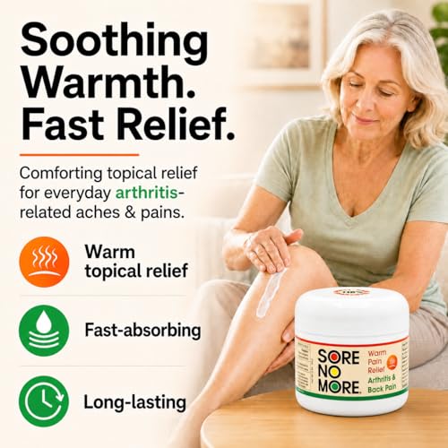 Image of Sore No More Arthritis Pain Reliever Cream - Targeted Warm Relief for Back, Neck, Hands & Feet - Soothing & Fast-Acting Formula for Aches and Pains - Non-Greasy with Orange Aroma - 2 oz