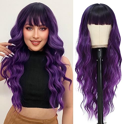 Image of NAYOO Ombre Purple Wigs with Bangs for Women,24 Inch Wavy Synthetic Wig