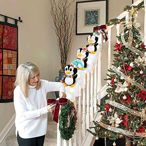 Christmas Stair Decoration, Lighted Snow Garland For Banister Christmas Decoration With Stuffed Sliding Penguins, Christmas Stairway Decorative Snow Surfing Ste For Christmas Handrail Décor #TOP3