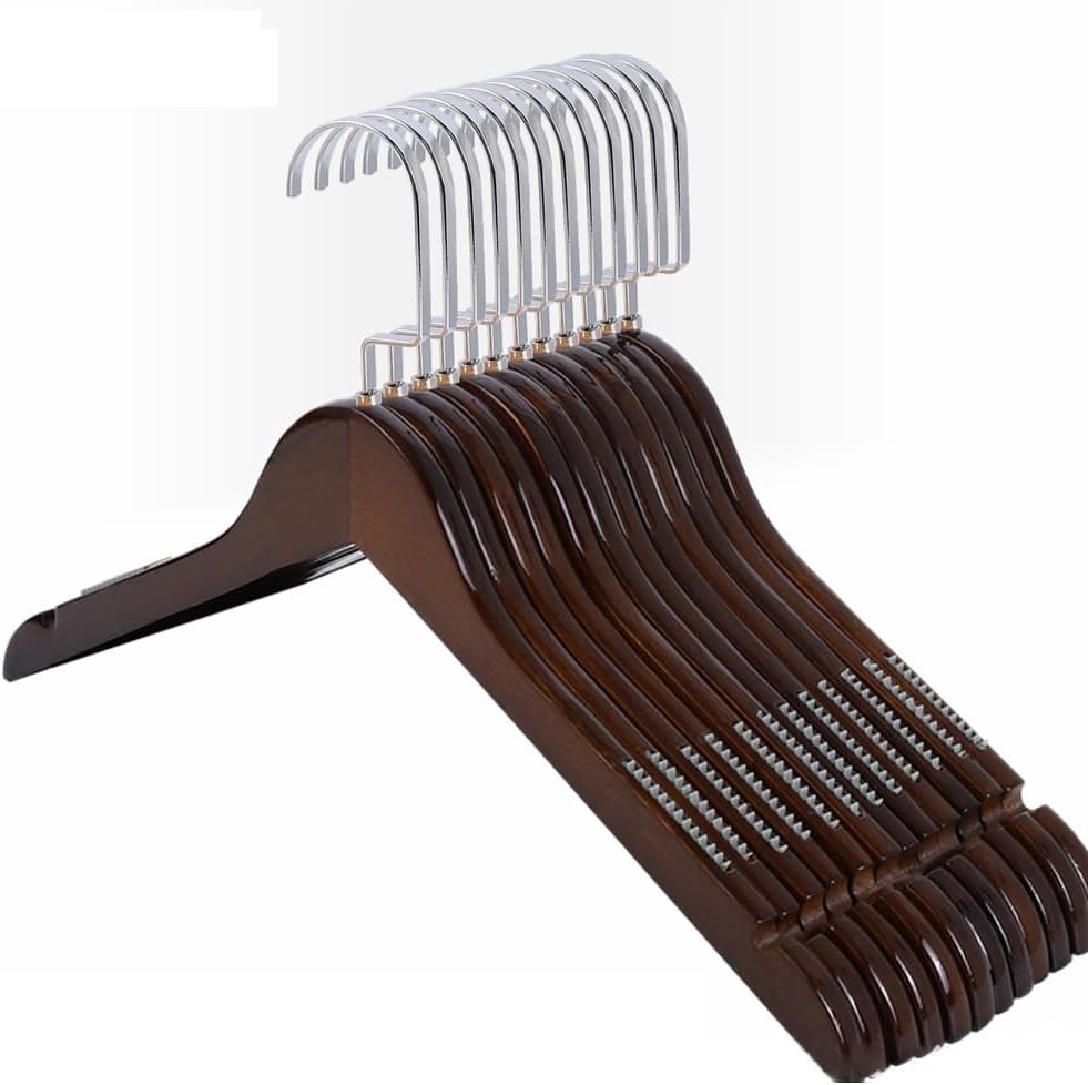 Coat Hangers 10 Pcs Wooden Hangers for Clothes,Wardrobe Storage Drying Rack with Non Slip Shoulder,Suit Coat Shirt Trousers Sweater Organizer,Non Slip-01-Length 44.5cm