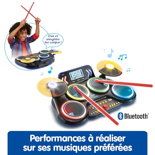 VTech Kidi DJ Drums Batterie Électronique Enfant avec Pads Lumineux Cymbales Baguettes Bluetooth Prise Jack pour Casque Apprentissages et Jeux Cadeau Enfant Dès Contenu en Français - vue 5
