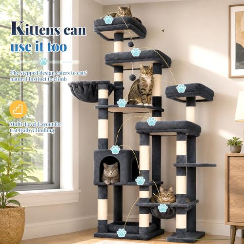 Image of Hey-brother Cat Tree Tower, Wide Base, 5 Platforms for Multi-Cats, MPJ074G | 72.8 Inches Tall Furniture, 5 Plush Beds, Large Condo, Big Hammocks, Sisal Scratching Posts, for Indoor Adult Cat, Smoky Gray