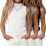 LessonZoo 3 Pack Girls Mock Turtleneck Tank Tops Ribbed Ruffle Slim Fit Lettuce Trim Tops Casual Sleeveless Under Shirts(White, Light Mixed Gray, Black,11-12 Years)