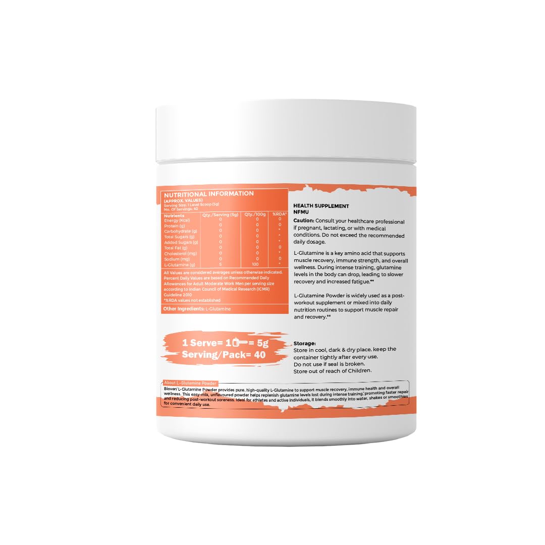 Biovencer L-Glutamine Powder 200g | Amino Acid Supplement for Workout Recovery & Muscle Support | Fitness Nutrition for Adults 1
